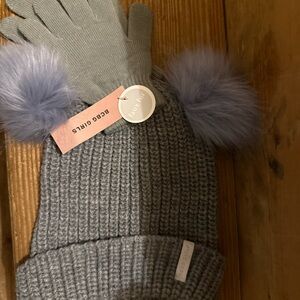 Faux Fur Pom-Pom Knit Hat and Gloves Set - Gray